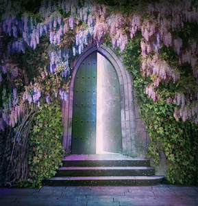 梦幻般的灯光一个敞开的门照片