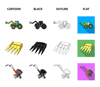 摩托块拖车等农业设备。农业机械集合图标在卡通, 黑色, 轮廓, 平面风格矢量符号股票插画网站
