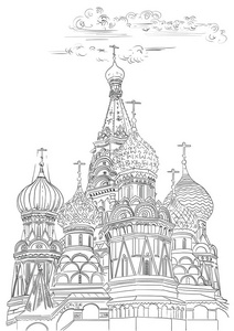 克里姆林宫圣巴西尔大教堂 俄罗斯莫斯科 在白色背景用黑色绘制插图的孤立的向量手