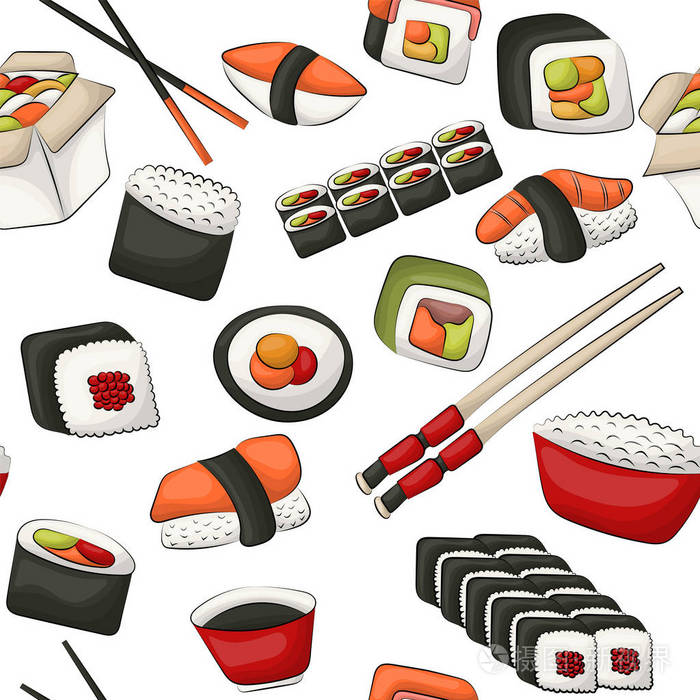 寿司卷无缝图案.亚洲餐饮餐厅菜单重复背景概念.矢量插图