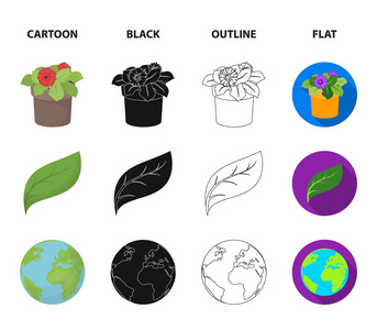 一个加工厂, 花在一个花盆里, 一片绿叶, 一颗行星地球. 生物与生态集合图标在卡通, 黑色, 轮廓, 平面风格矢量符号股票插画
