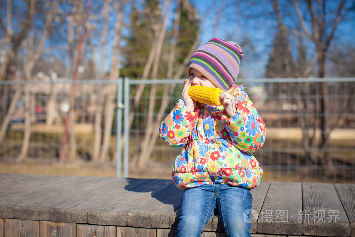 小可爱女孩在户外吃玉米