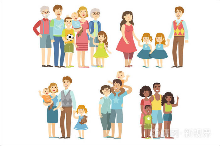 幸福的家庭在一起构成简化卡通风格平面向量在白色背景上的彩色插图