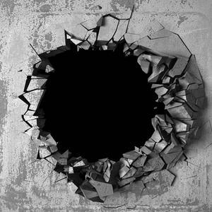 混凝土墙上有暗裂的破洞.垃圾的背景.3d 渲染插图照片