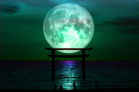 全鲟鱼月亮剪影牌坊木日本柱子站立在海夜天空, 这个图片的元素由 Nasa 装备