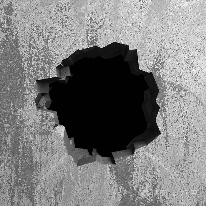 混凝土墙上有暗裂的破洞.垃圾的背景.3d 渲染插图