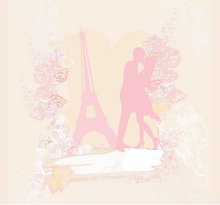 在巴黎附近埃菲尔我们接吻的浪漫情侣剪影
