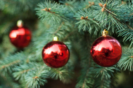 明亮的圣诞装饰品在圣诞树的树枝上。选择性对焦。戏剧性的光