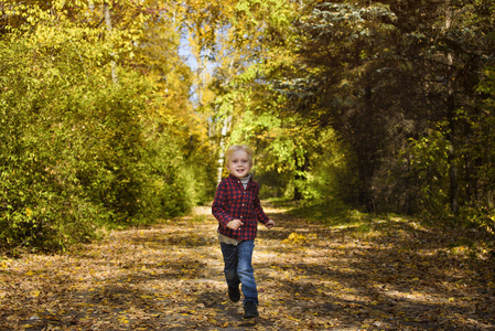 微笑的金发男孩在秋巷上奔跑。晴天
