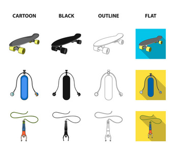 滑板, 氧气罐潜水, 跳跃, 曲棍球溜冰。极限运动集合图标在卡通, 黑色, 轮廓, 平面风格矢量符号股票插画网站