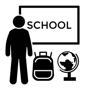 人站在董事会面前受洗与学校, 有地球仪和背包一边展示学校学生图标