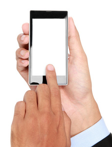 商人的手与空白屏幕智能手机图片