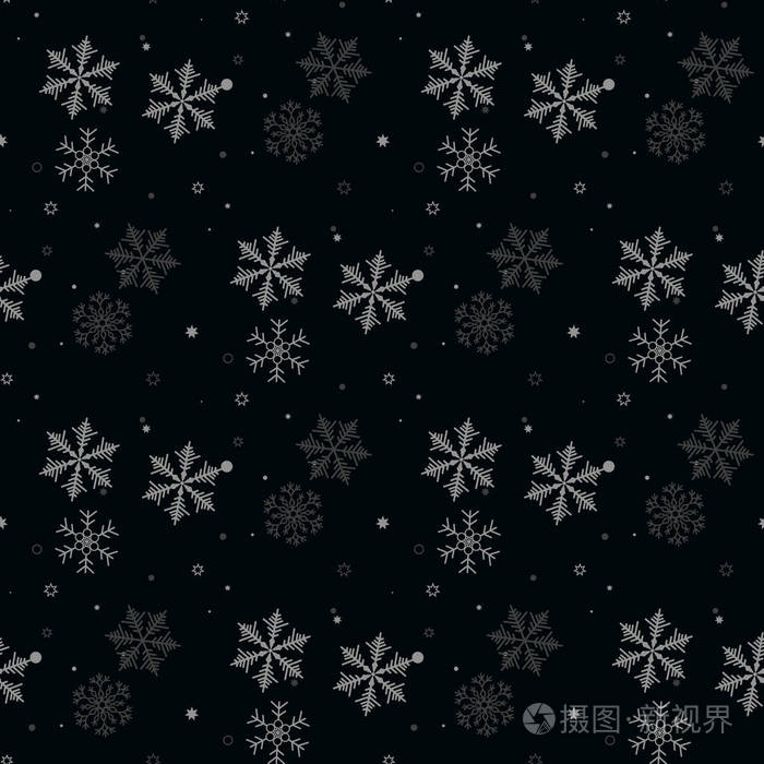 黑色背景下的雪花灰白色的圣诞无缝图案 eps10插画-正版商用图片