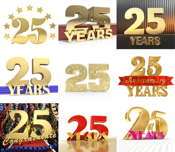 集二十五年 25 年 庆典设计。周年纪念金数模板元素为您的生日聚会。3d 插图