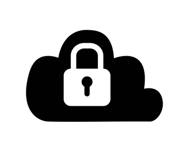 黑色简单平面图标的云与挂锁, 在线云数据存储安全或保护概念