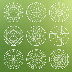 白色深奥的几何五芒星.灵性神圣的神秘矢量符号照片