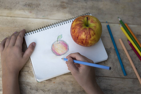 孩子们的手用彩色铅笔画一个苹果。顶视图