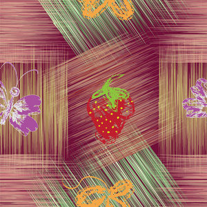 无缝模式与抽象草莓，蝴蝶和叶上 grunge 条纹网格背景