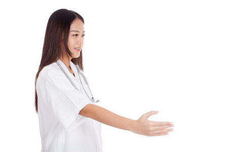 年轻的亚洲女性医生问候颤抖的手