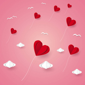 情人节, 爱的例证, 心气球和鸟儿飞过云层, 纸艺风格