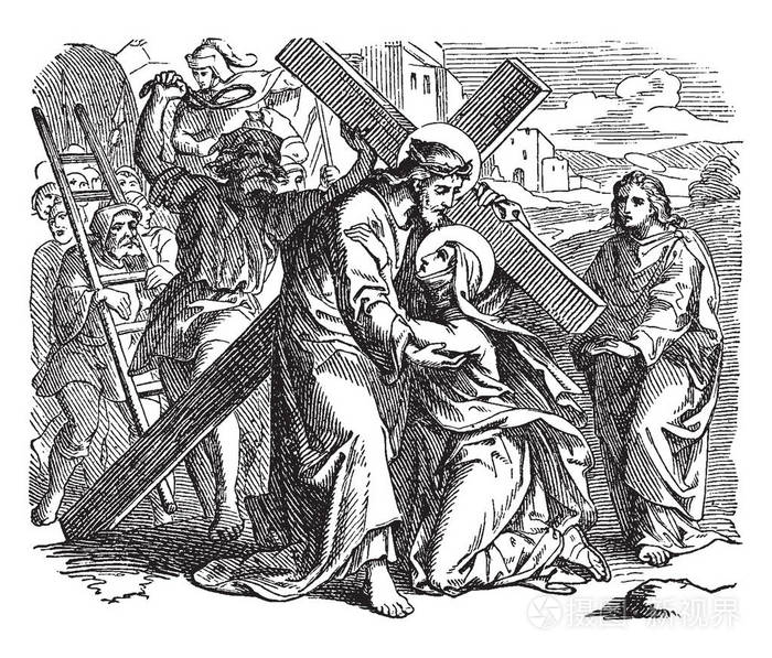 耶稣背着十字架, 在路上往上加, 一个人跪在他