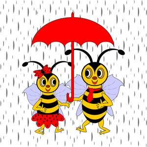 几个有趣的卡通蜜蜂下红色的伞，在雨中