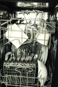 详细信息打开洗碗机的用具和下降期间塑封