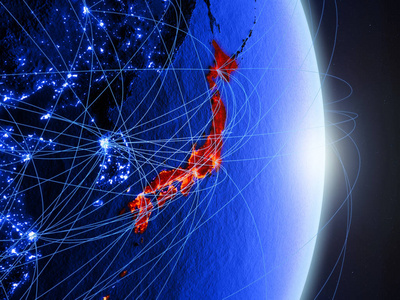 日本在蓝色数字行星地球与网络。连接旅行和通信的概念。3d 插图。美国宇航局提供的这张图片的元素