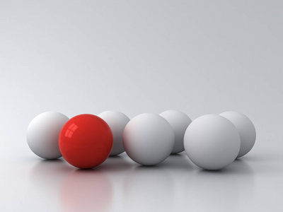 脱颖而出的人群和不同的创意理念概念一个红色球体站在灰色背景上的白色球体与反射和阴影3d 渲染