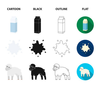 小方包, 绵羊. 蓝色, 毒气罐Moloko 集合图标在卡通, 黑色, 轮廓, 平面风格矢量符号股票插图