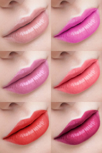 多彩多姿的嘴唇多彩多姿的嘴唇汇集.带彩色光泽口红的女性唇套照片