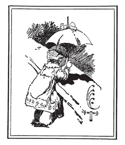 婴儿用雨伞在桥上, 复古线画或雕刻插图