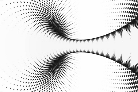 黑色和白色的虚线螺旋隧道。条纹扭曲的斑点光学错觉。抽象的半色调背景。3d 渲染