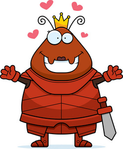 一个卡通插图的蚂蚁皇后在盔甲准备给一个拥抱照片