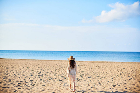 在海滩上阳光明媚的夏日, 戴草帽的美丽年轻女子在海边漫步。复制空间。旅行和自由概念