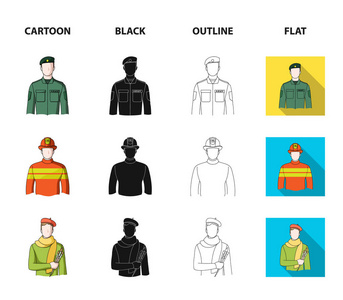 军事, 消防员, 艺术家, 警察。专业集合图标在卡通, 黑色, 轮廓, 平面风格矢量符号股票插画网站