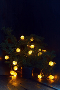 背景的圣诞树与花环与灯在深蓝色。复制空间