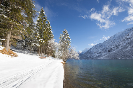 冬天行人跟踪在冷湖 tirol 奥地利在雪中