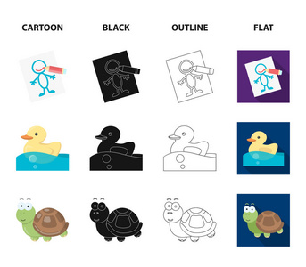 儿童玩具卡通, 黑色, 轮廓, 平面图标集合为设计。游戏和摆设矢量符号股票 web 插图