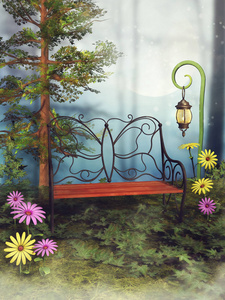 幻想的长凳, 五颜六色的花朵和绿色的春天草地上的灯笼。3d 渲染