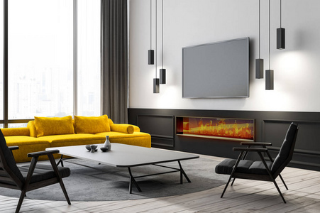 现代客厅角落有白色的墙壁, 木地板, 黄色的沙发, 两个黑色的扶手椅和电视机挂在壁炉上方。3d 渲染