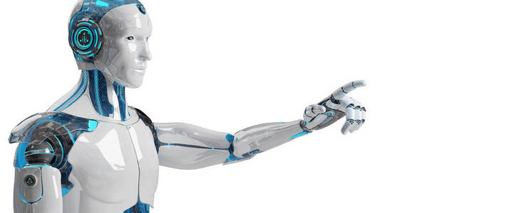 白色的男性机器人指着他的手指被隔离在白色背景3d 渲染照片