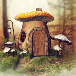 幻想蘑菇小屋和灯笼在秋天的森林与蕨类植物和草。3d 渲染