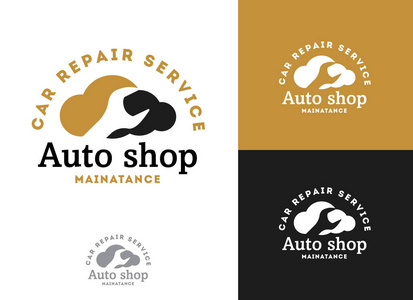 汽车, 汽车维修服务标志设计, 扳手在齿轮图标, 机械工具矢量插图
