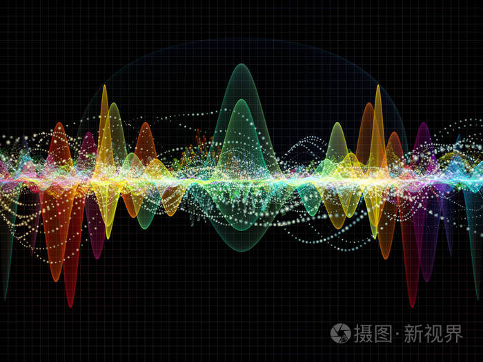 音频均衡器,音乐谱和量子概率作品的彩色正弦振动,光和分形元素的背景