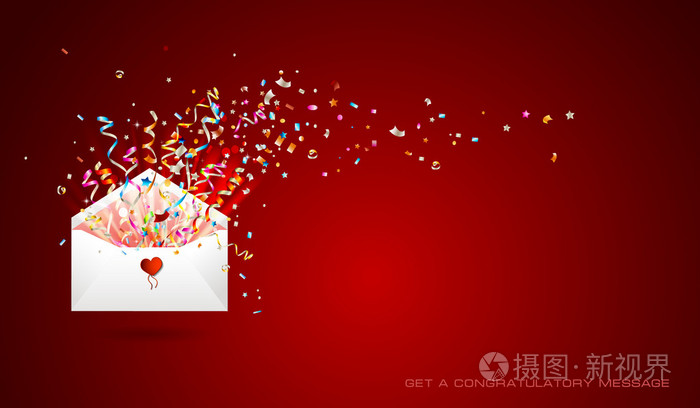 信的红色背景上的惊喜打开的信封用彩纸和缎带