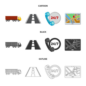 围绕时钟, 道路, 卡车, 太平绅士. Loqistic, 集合图标在卡通, 黑色, 轮廓样式矢量符号股票插画网站