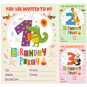 快乐的生日邀请卡模板与滑稽的动物从1到 3矢量插画, eps