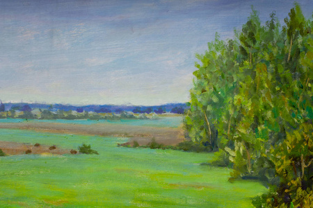 绿色森林树木村庄农田蓝天水彩插图自然艺术品照片