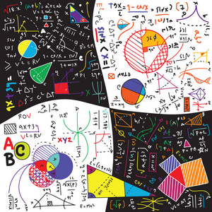 物理公式和现象.手绘插画.数学与科学委员会.物理教育在学校照片
